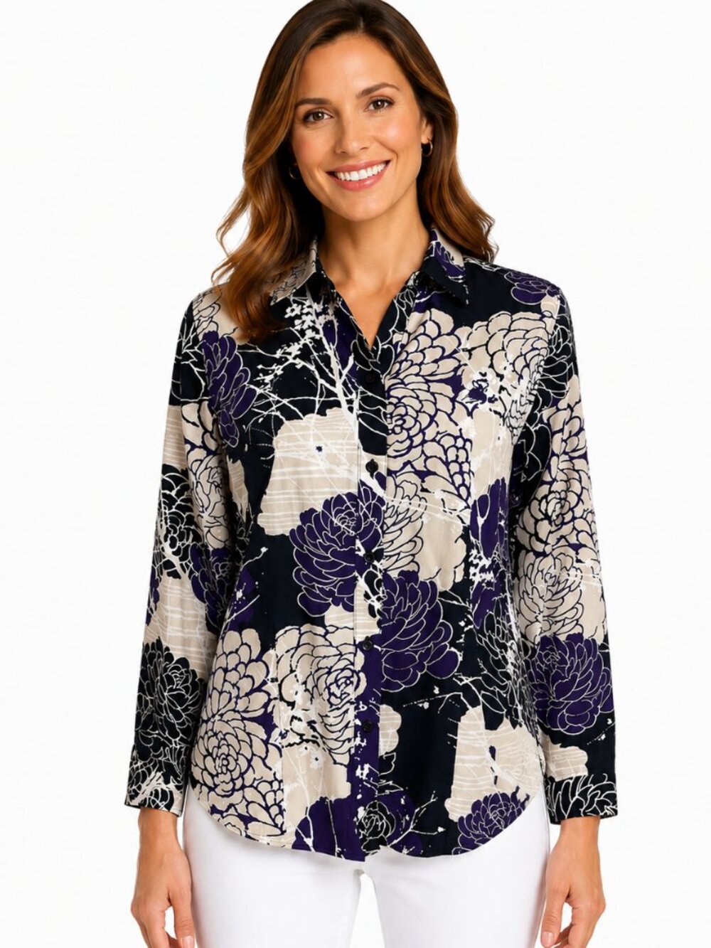 Chico’s Floral Cotton Wrinkle Resistant Shirt Size 1 (8) EUC